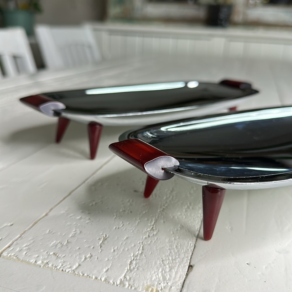 vintage "Gourmates" serving trays made by Glo Hill Canada MCM Chrome/bakelite x2
